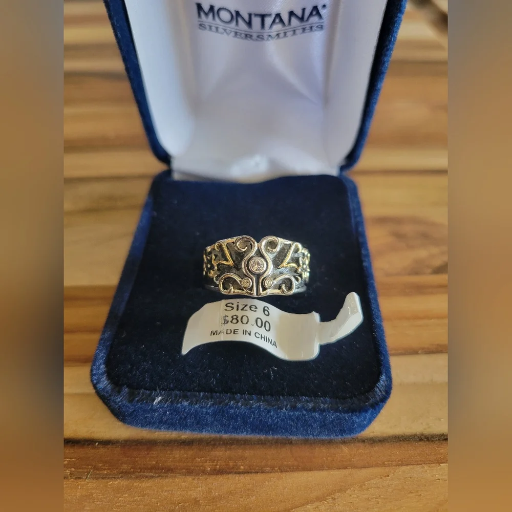 Montana Silversmiths Sterling Silver Antiqued Gold Accents Cz Stone Sz 6‎ New